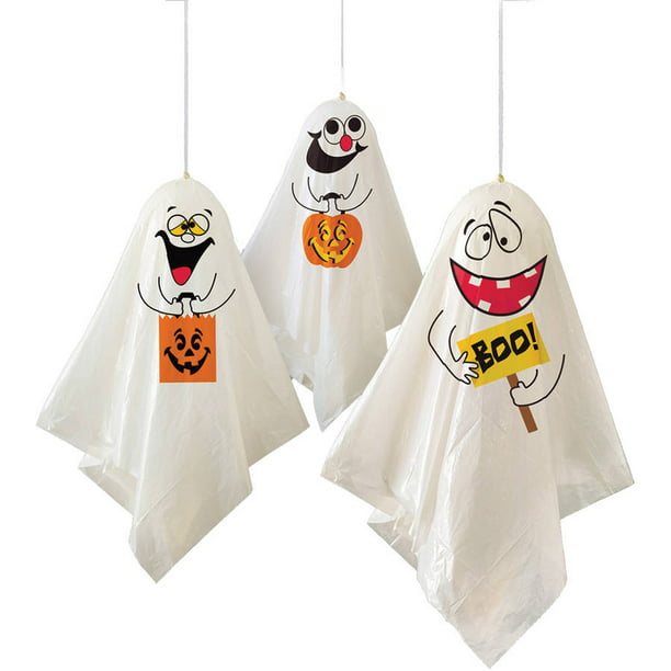 Set of 9 Giant Halloween White Ghost Lawn Bags with Twist Ties in 3 Different Sizes Set of 9, Ghosts 